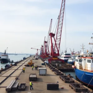 Construction workers at the Charleston Port during the wharf extension project