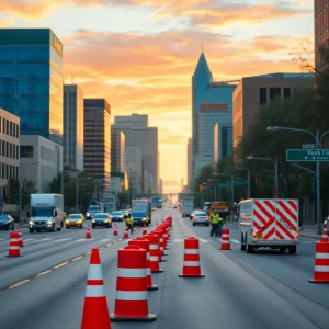 Workers engaged in road improvements in Charlotte, North Carolina