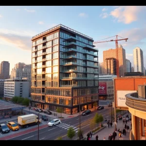 Construction site of the Moorhead 650 Block project with a new building and city skyline.