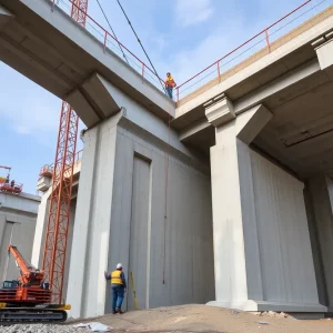 Workers assembling precast connections for a bridge on a construction site.