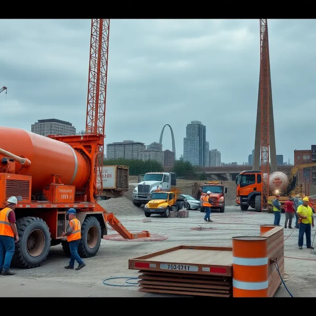 Workers on a construction site in St. Louis working with concrete machinery