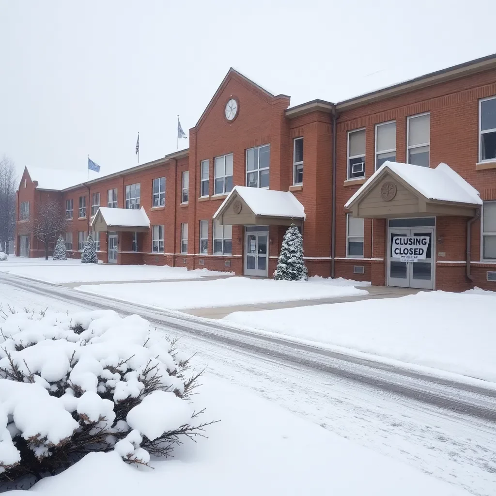 School buildings blanketed in snow with closed signs.