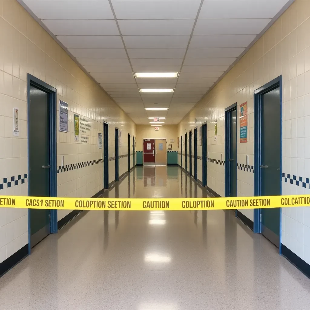 Empty school hallway with caution tape and closed doors.