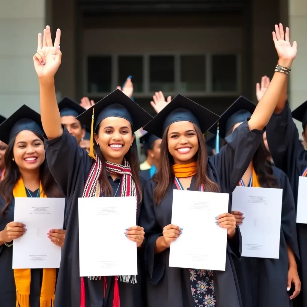 Diverse students celebrating graduation with diplomas in hand.