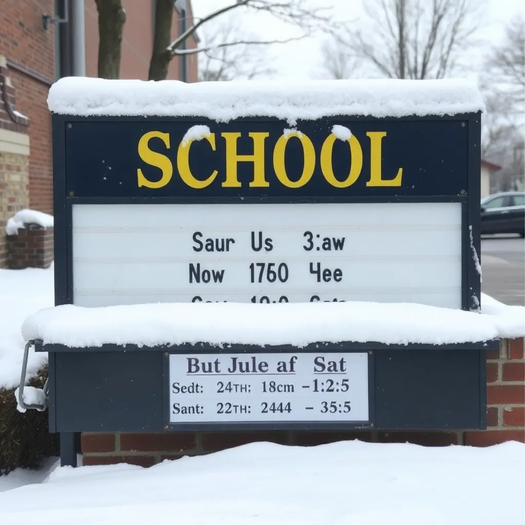 Snow-covered school sign with adjusted schedule notice.