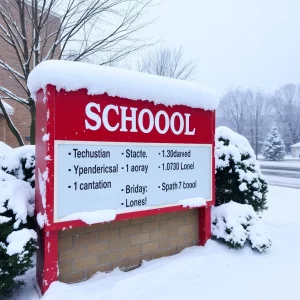 Snow-covered school sign with adjusted schedule notice.