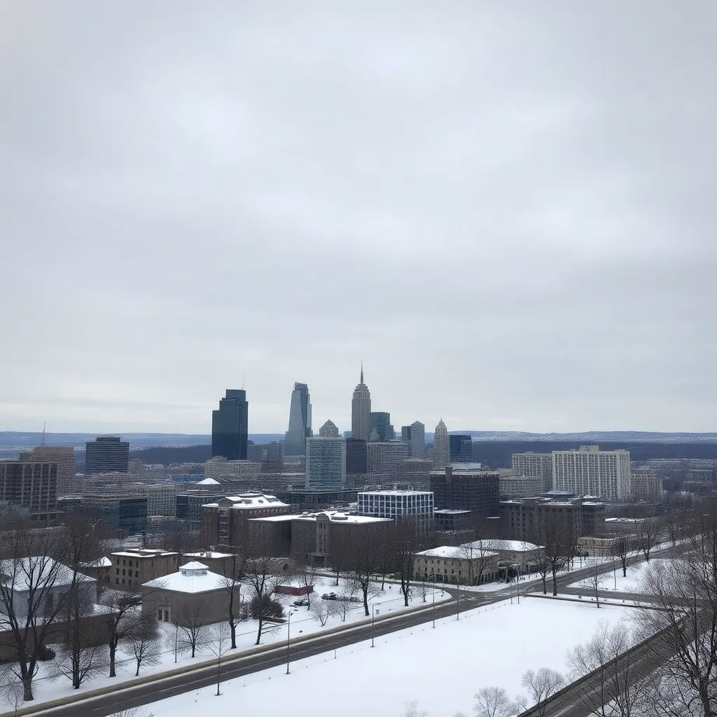 Snow-covered cityscape of Charlotte under gray skies.