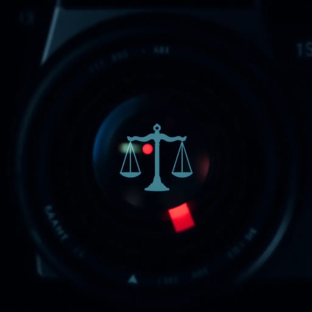 Mysterious camera lens reflecting blurred criminal justice symbols.