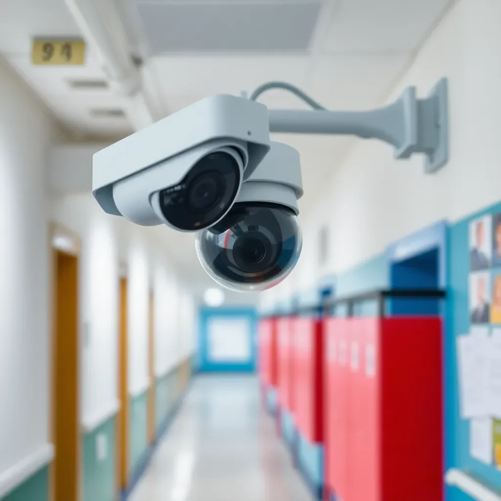 Surveillance camera in a school hallway setting.