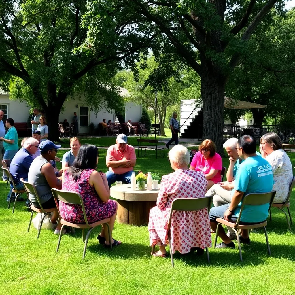 A thoughtful community gathering in a serene outdoor setting.