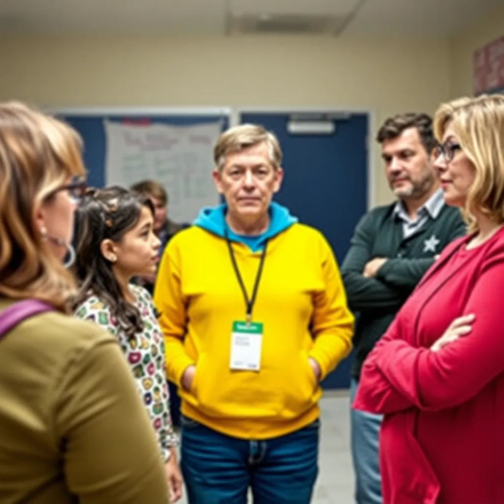 Concerned parents discussing student safety in a school setting.