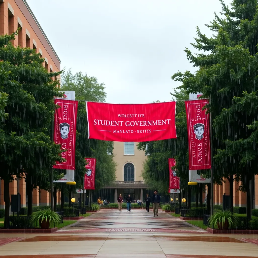 Campus under heavy rain with student government banners.