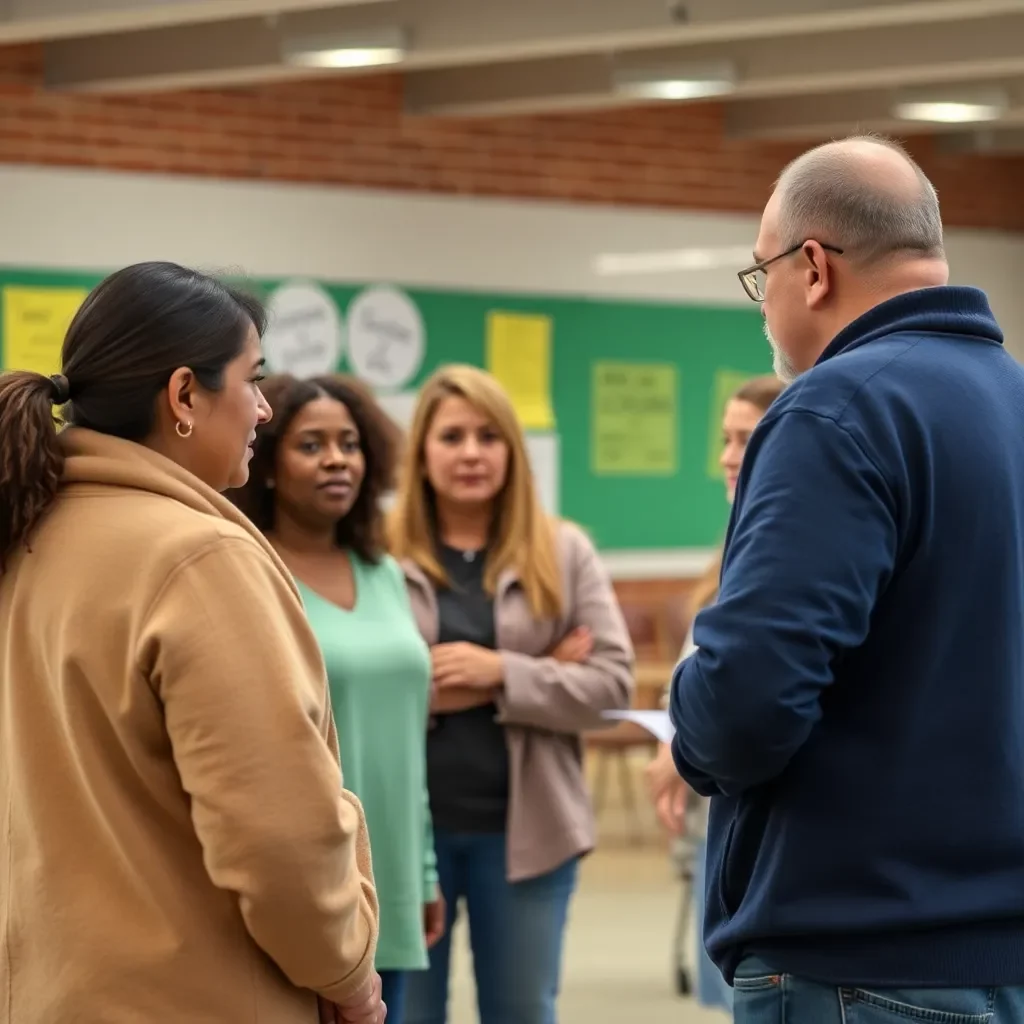 Concerned parents discussing school safety measures together.