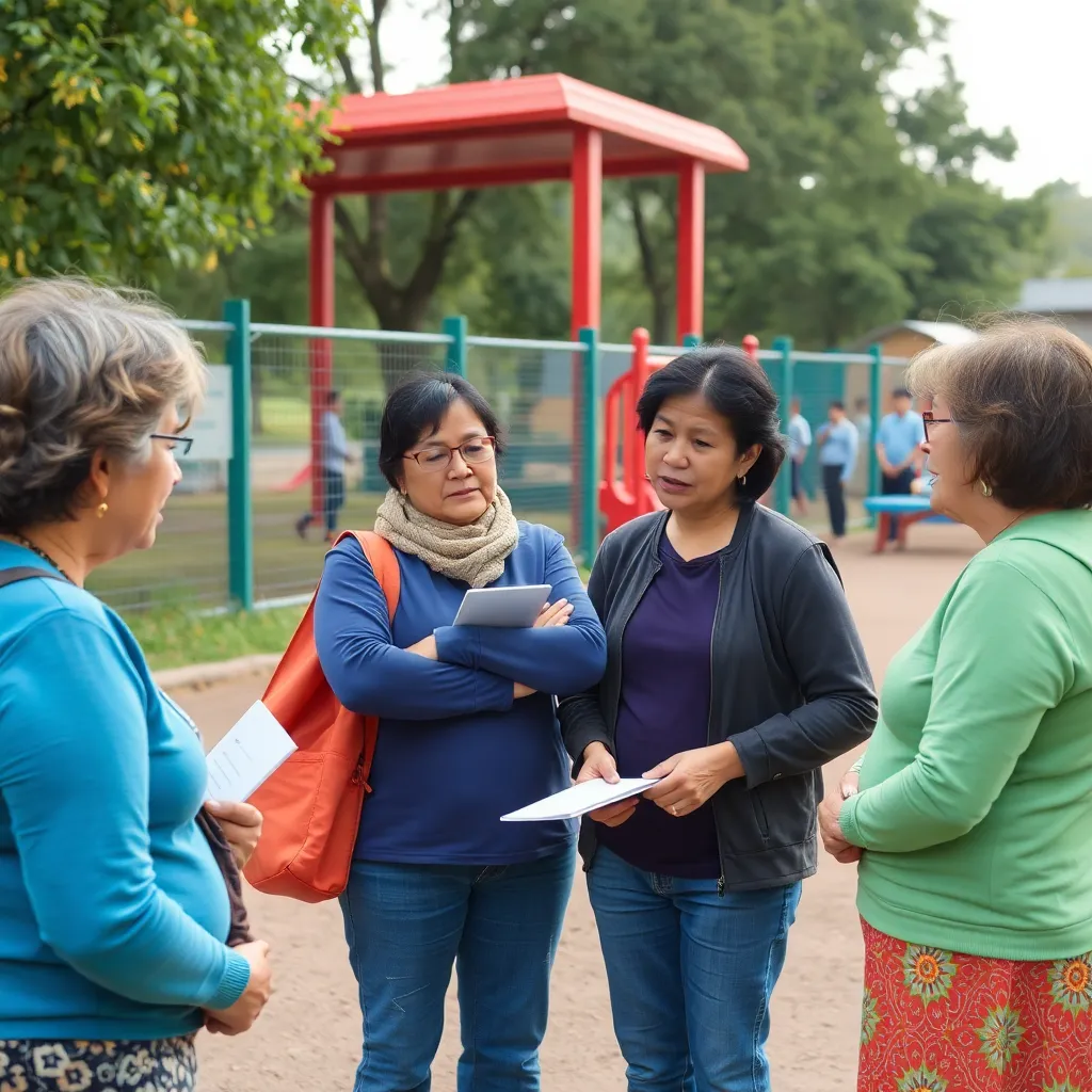 Concerned parents discussing school policies in a playground.