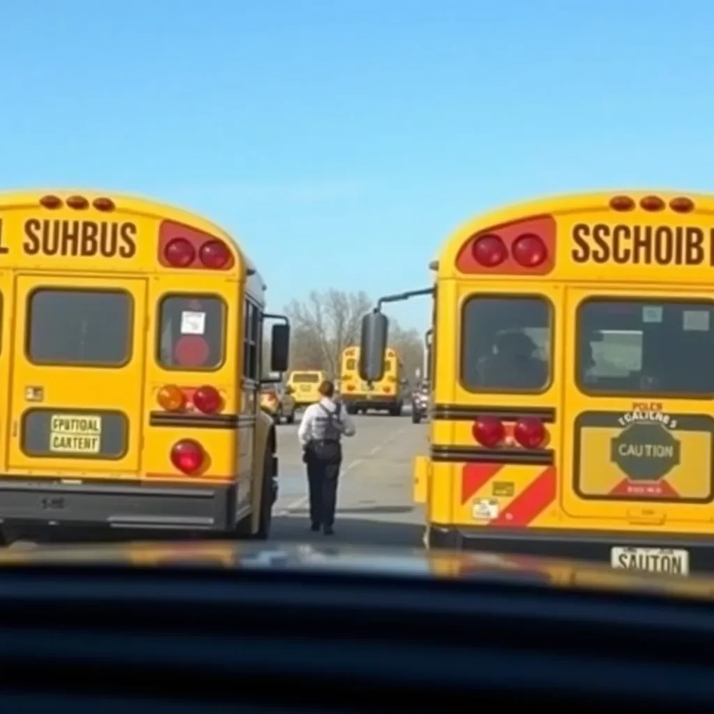 School bus parked with caution signs and police presence.