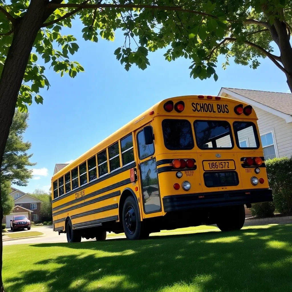 School bus parked peacefully in a sunny neighborhood.