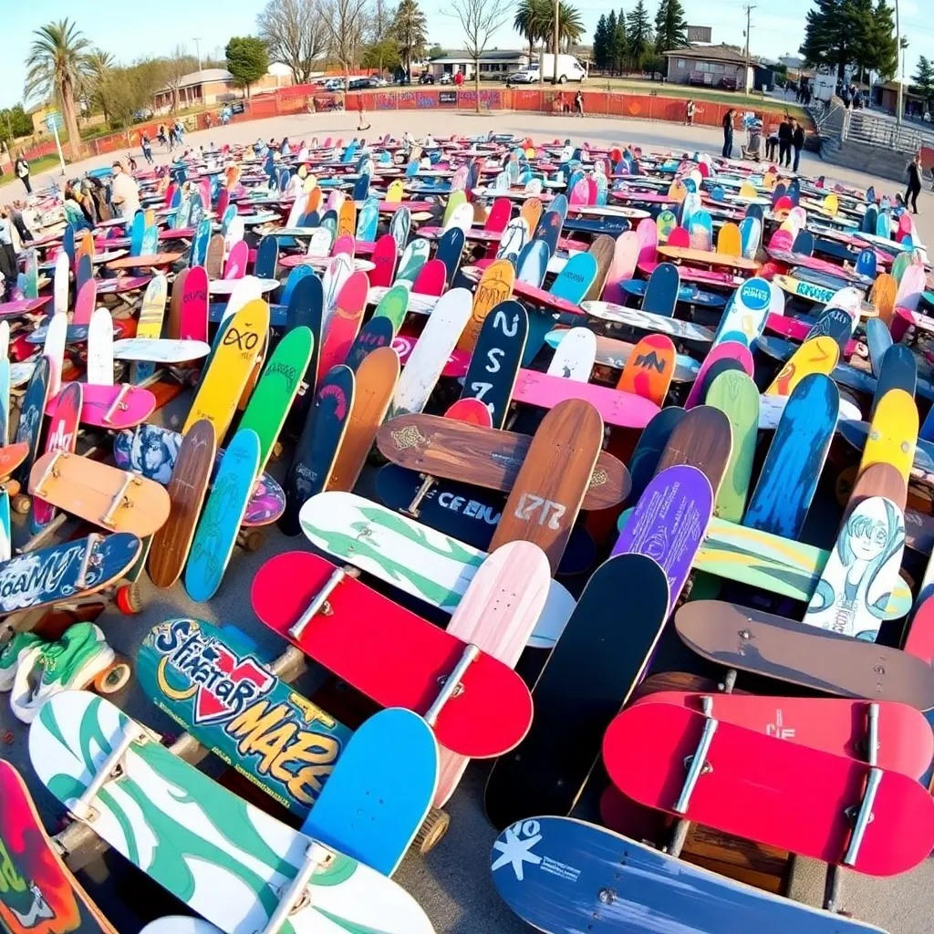 Vibrant skatepark filled with diverse boards and colors.