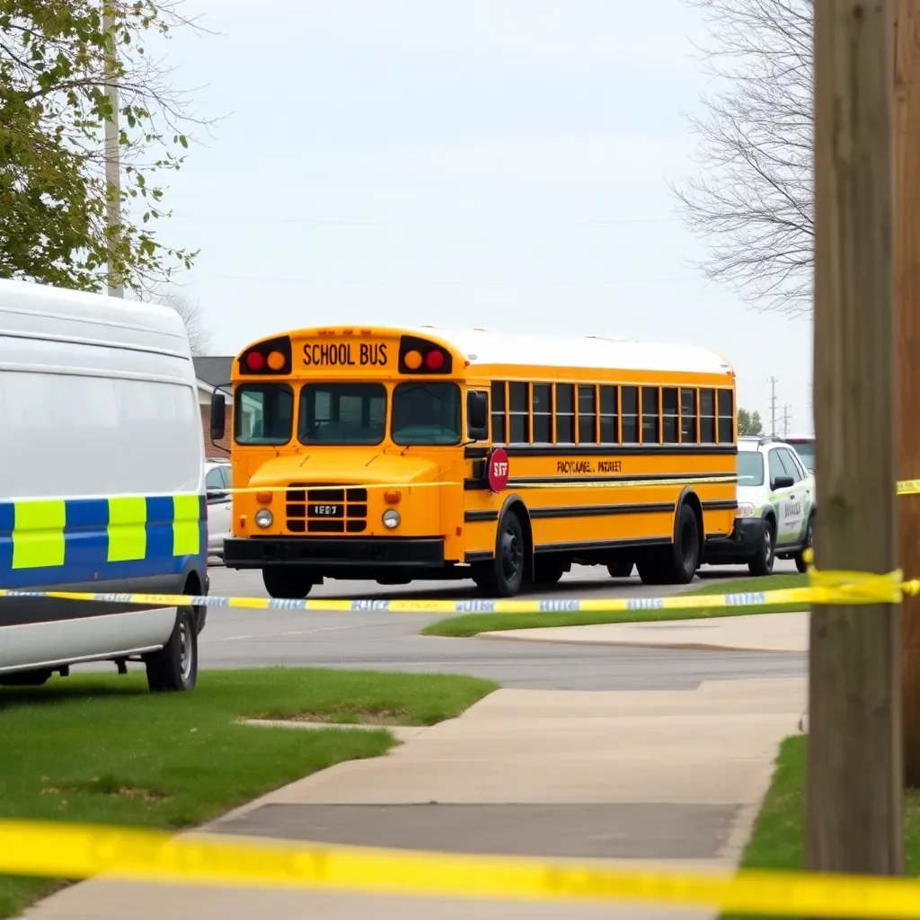 School bus parked near caution tape and safety signs.