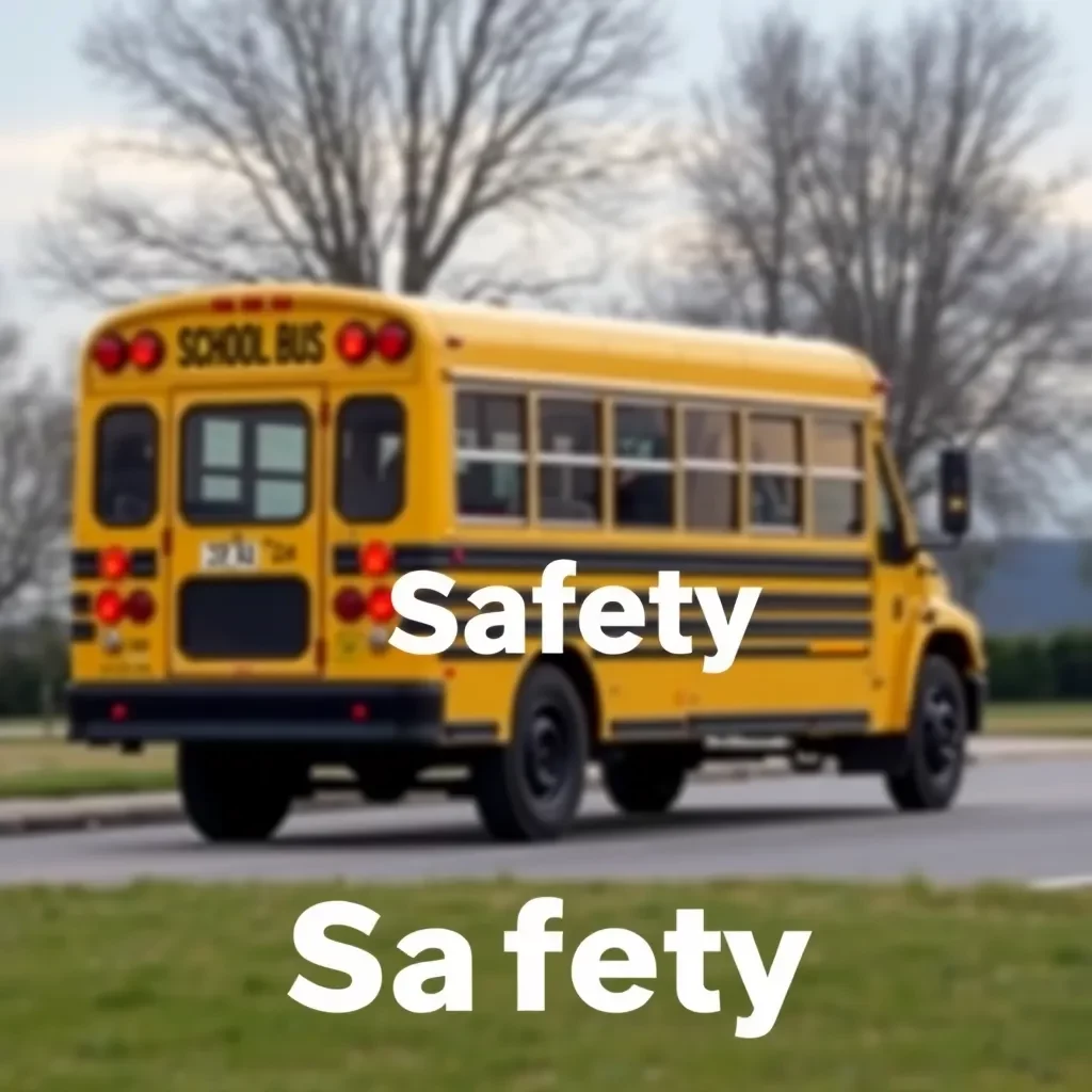 School bus with empty seats and worried community backdrop.