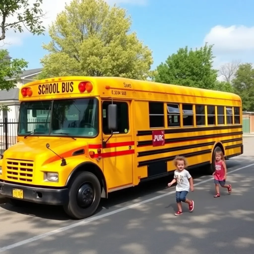 School bus with safety signage in a calm setting.