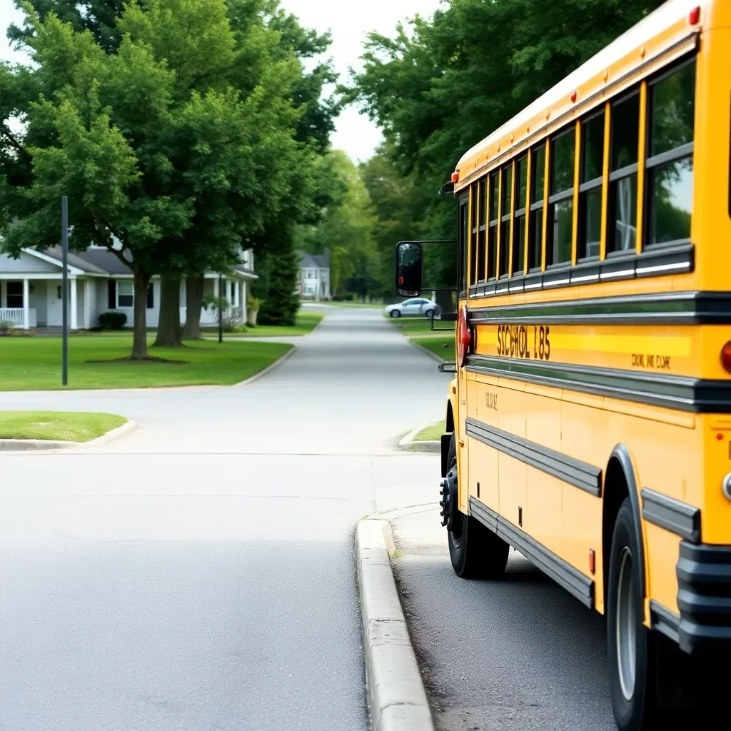 School bus parked safely with a peaceful neighborhood backdrop.