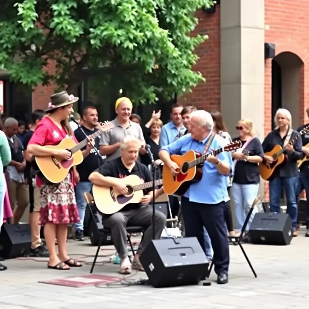 Community gathering with musicians sharing cultural experiences.