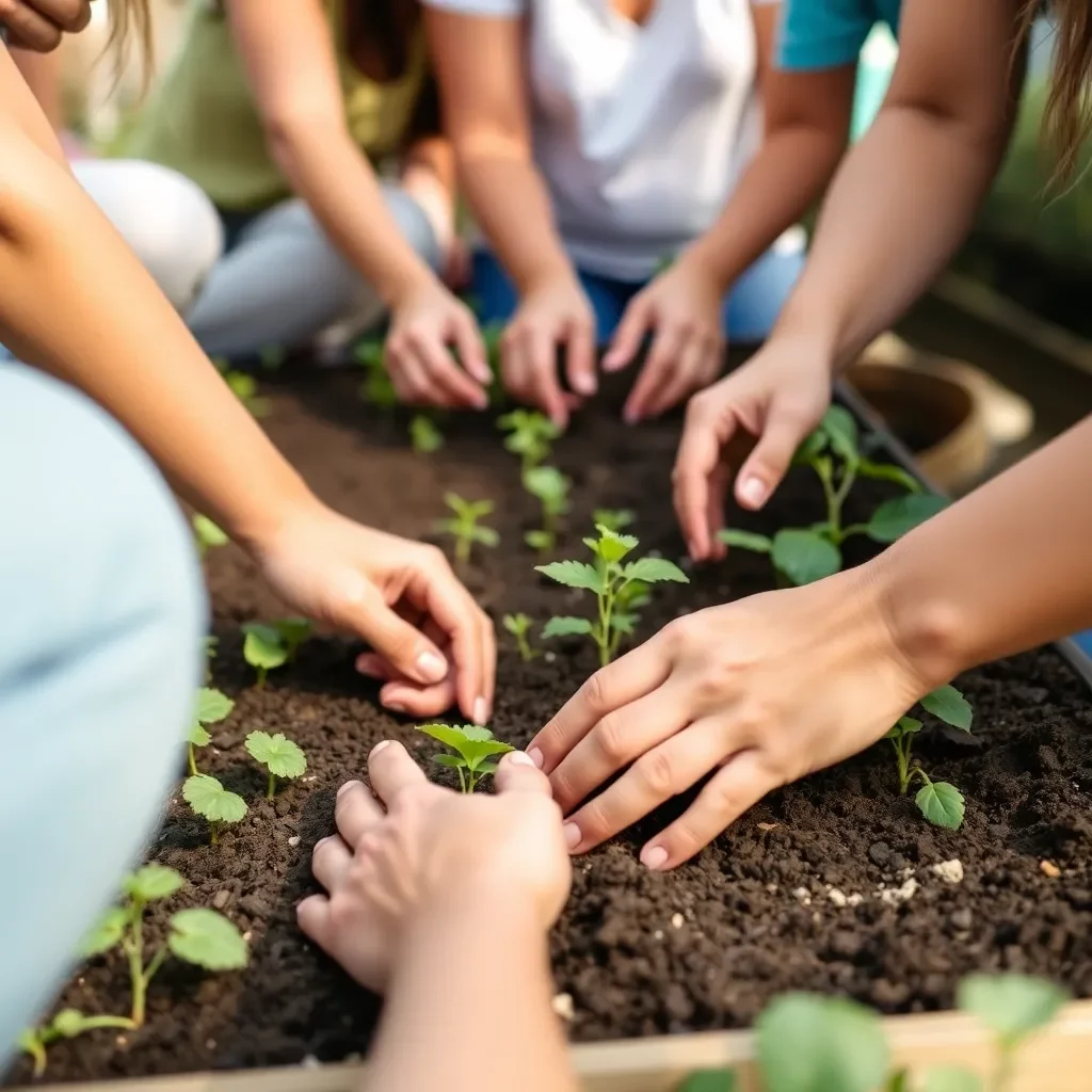 Diverse hands planting seeds in a community garden.