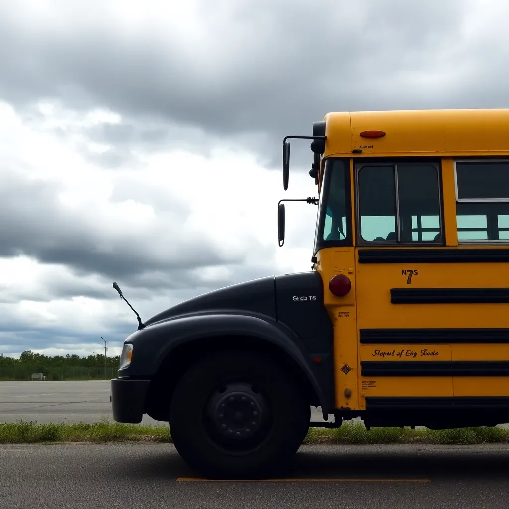 Empty school bus parked under a cloudy sky.