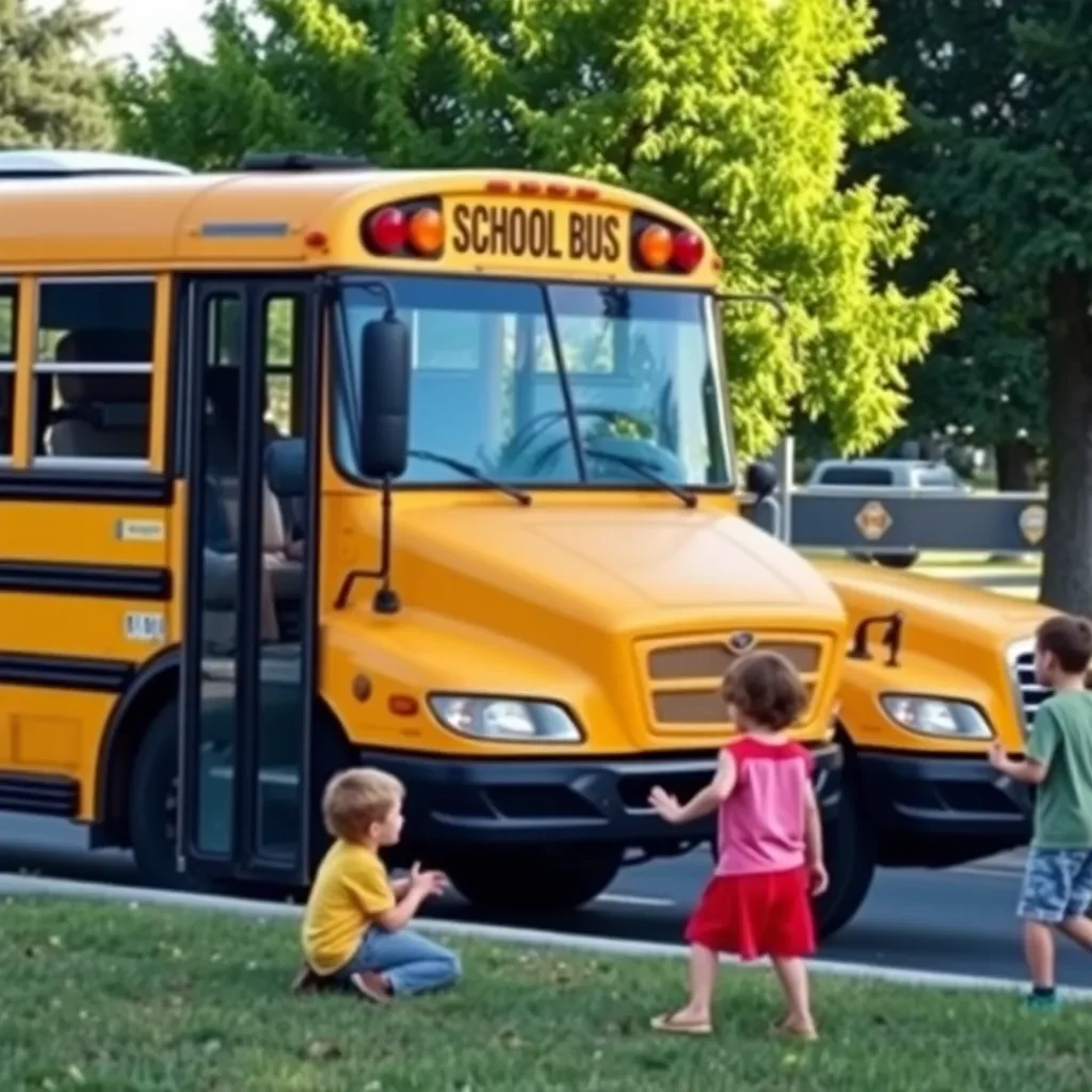 School bus parked with children playing peacefully nearby.