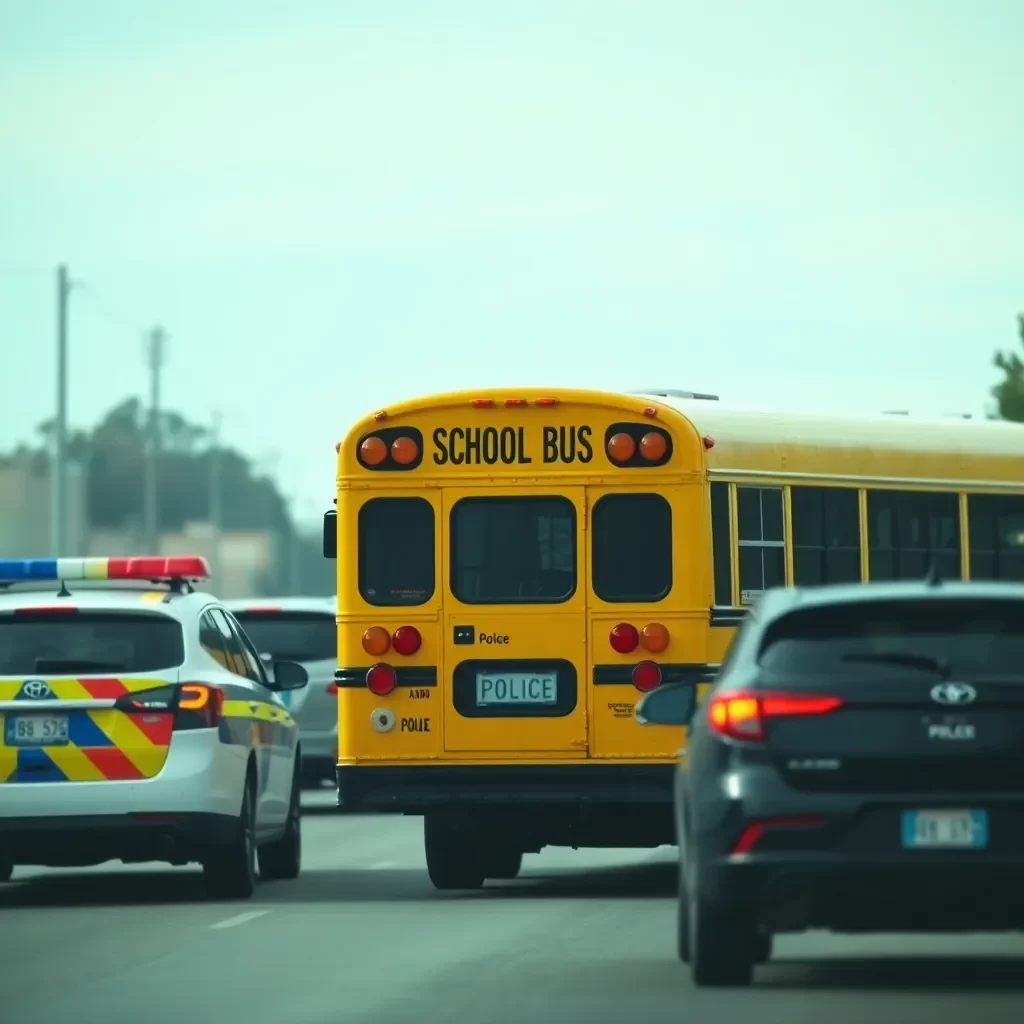 School bus with police cars in background, calm scene.