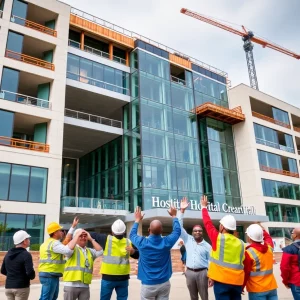 Construction of the new Atrium Health Charlotte facility with people celebrating