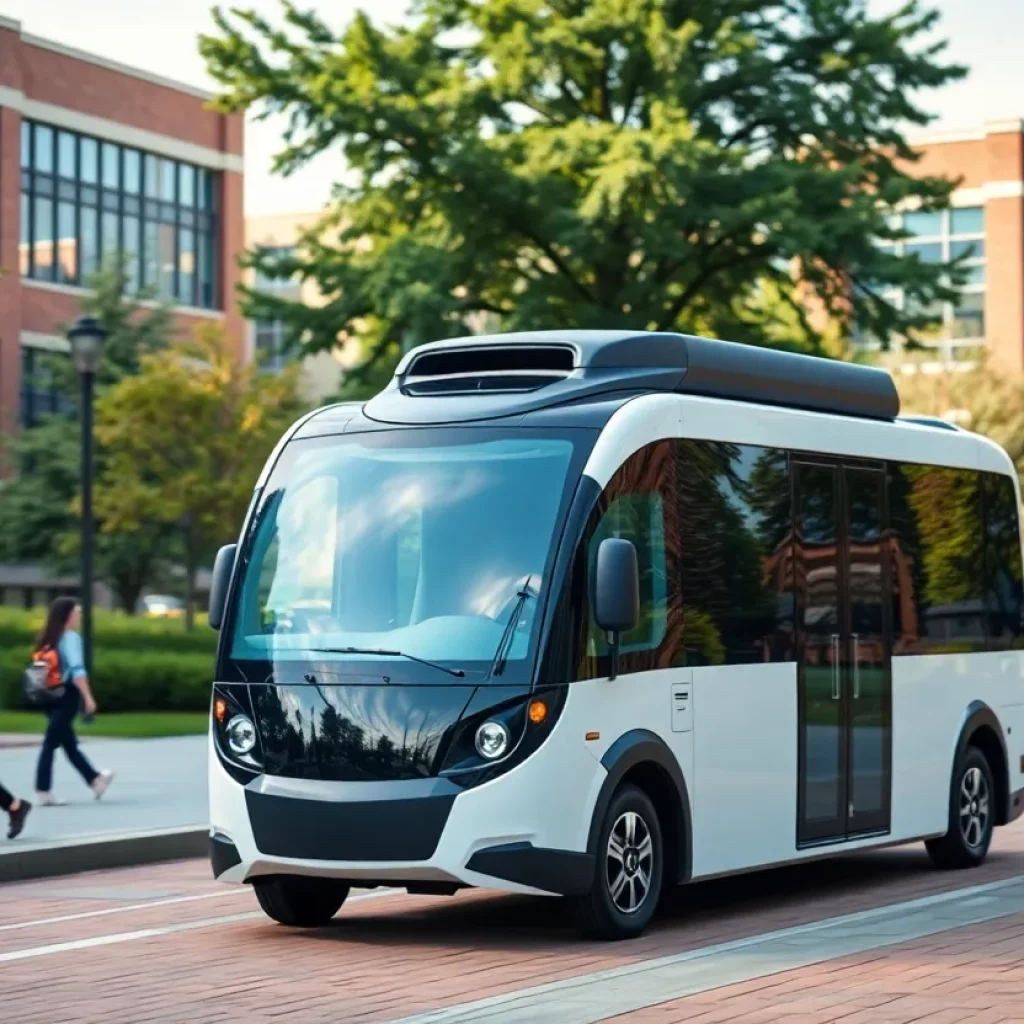 CASSI autonomous shuttle operating on UNC Charlotte campus.