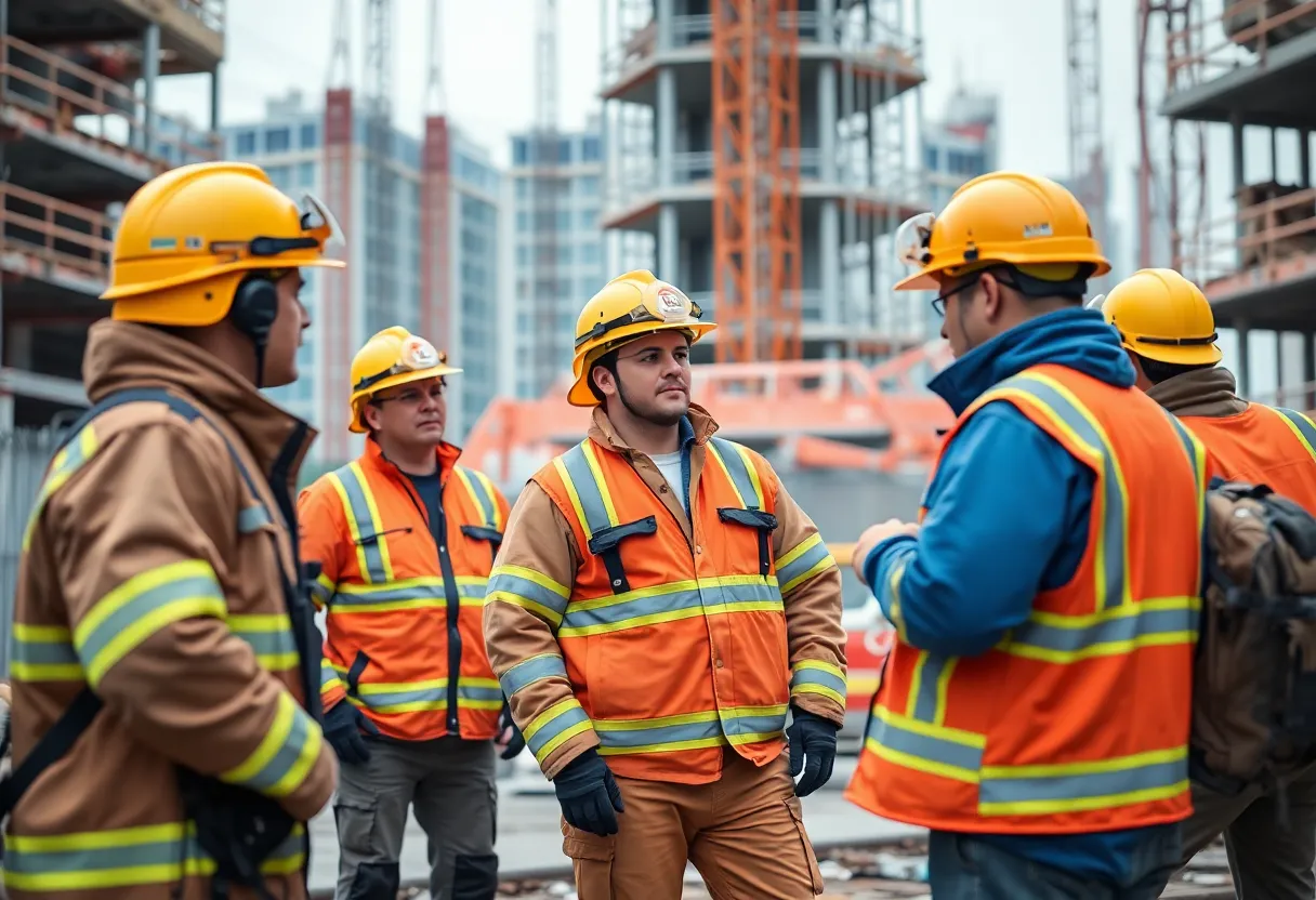 Fire Department personnel inspecting safety measures at a construction site