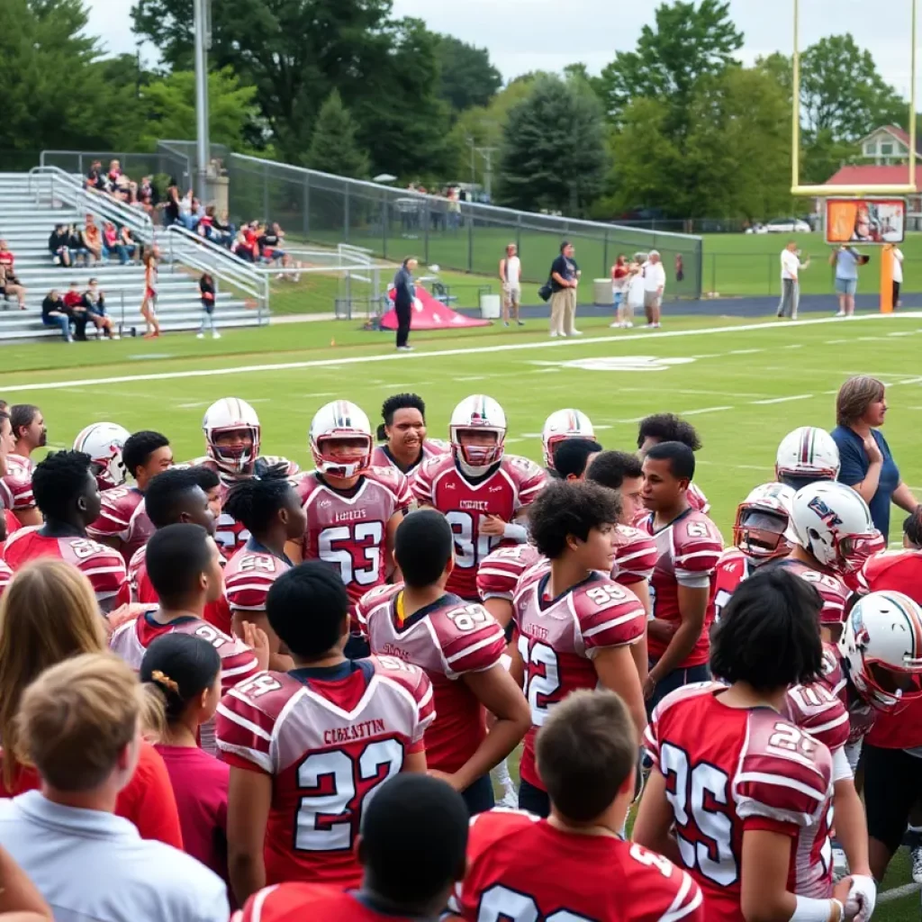 Players celebrating a high school football victory in Charlotte