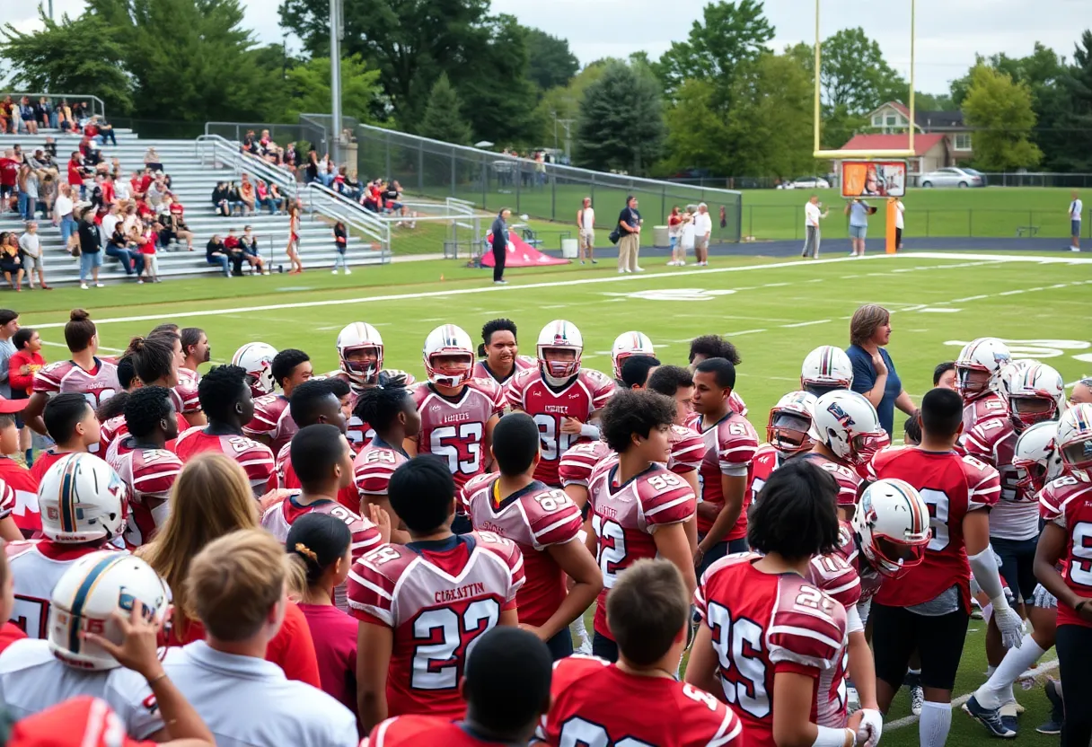 Players celebrating a high school football victory in Charlotte