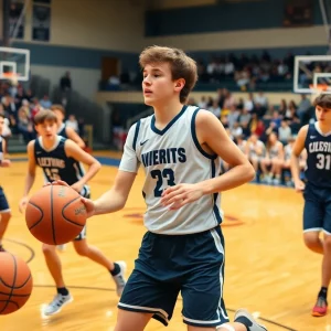 Local high school basketball teams competing during a championship game