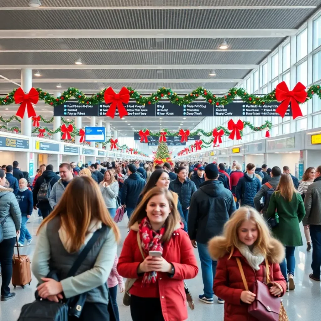 Busy terminal at Charlotte Douglas International Airport during holiday season