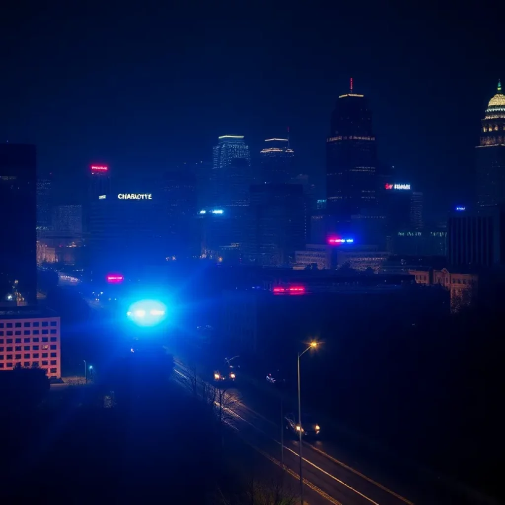 Police lights illuminating the streets of Charlotte, NC during homicide investigations.