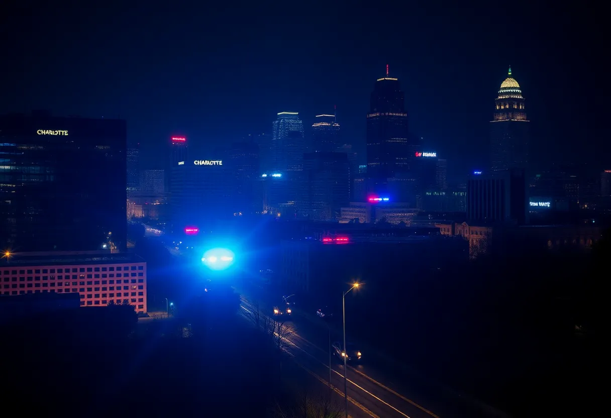 Police lights illuminating the streets of Charlotte, NC during homicide investigations.