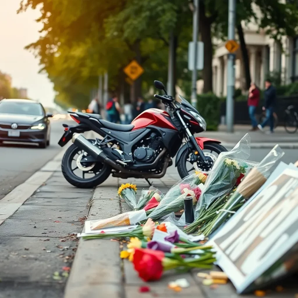 Memorial items at a motorcycle accident site in Charlotte