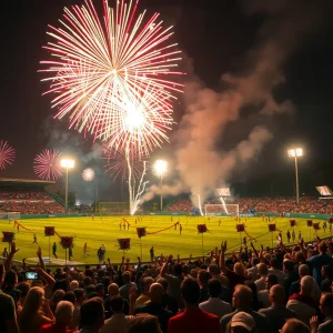 Crowd celebrating New Year's Eve at Truist Field in Charlotte with fireworks.