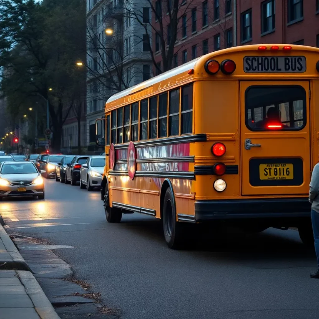 Community gathering around a school bus after an incident