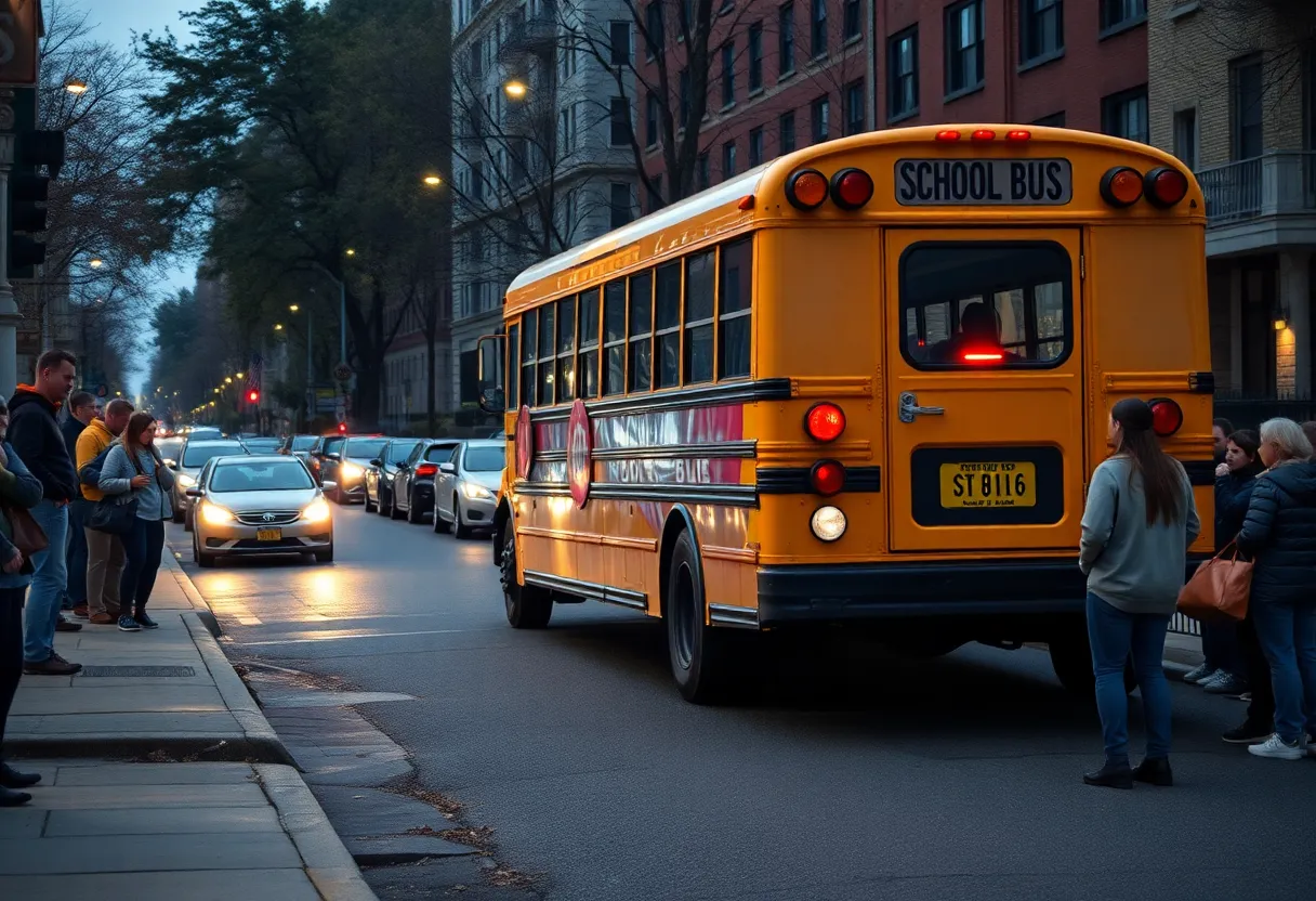 Community gathering around a school bus after an incident