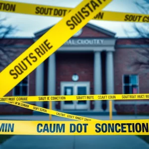 Caution tape around a school building representing safety concerns.