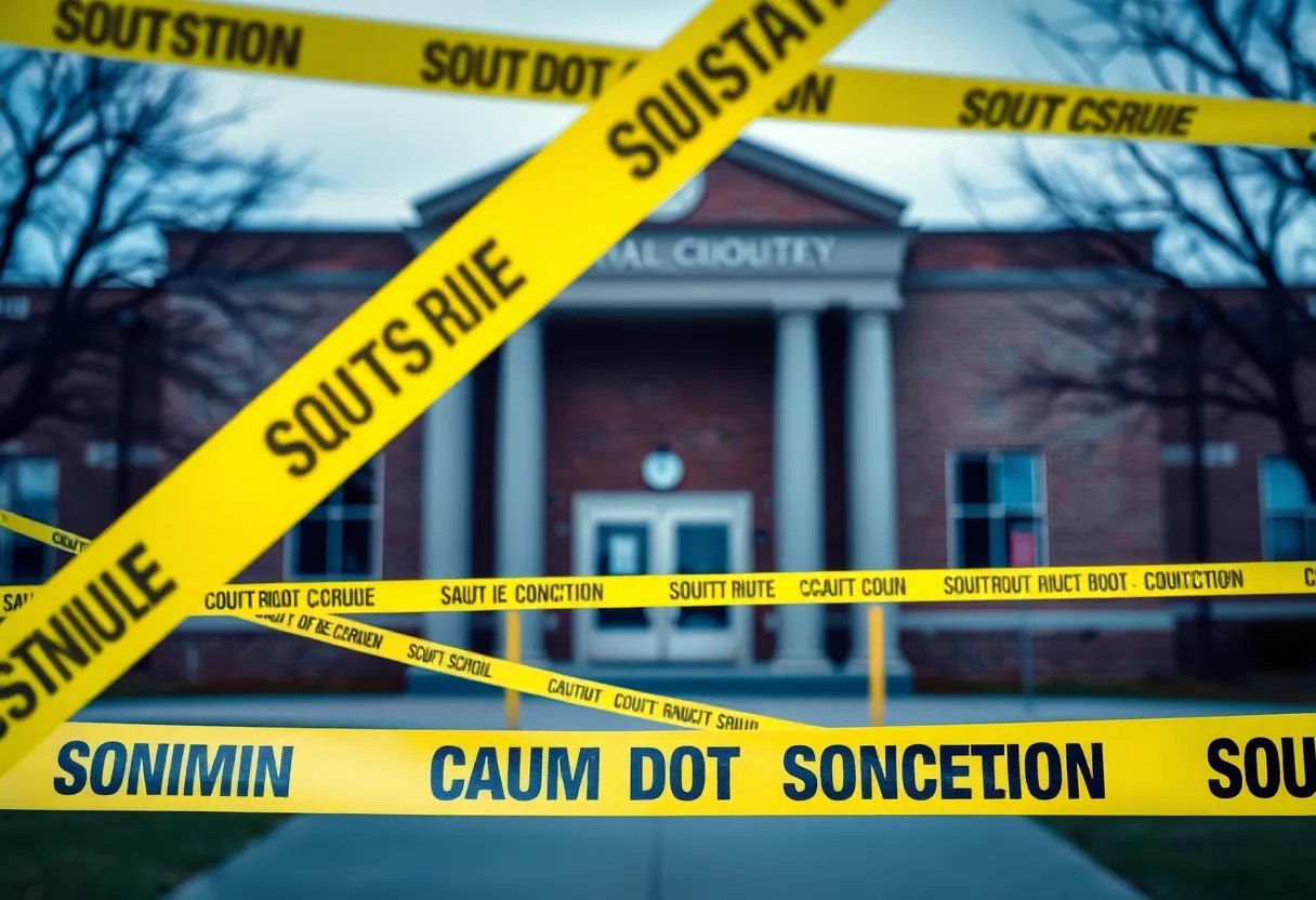 Caution tape around a school building representing safety concerns.