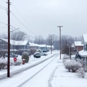 Snow-covered homes in Charlotte during winter with power lines