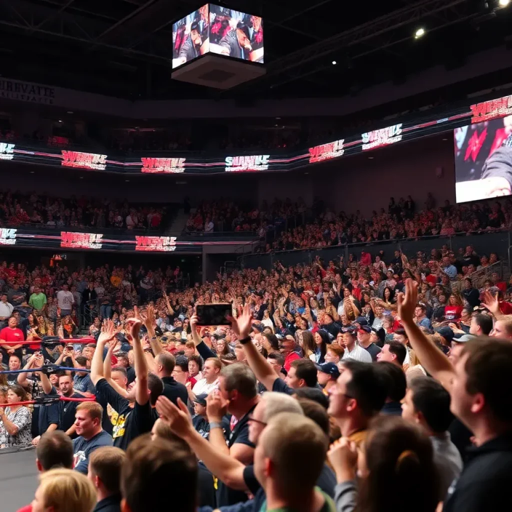 A packed wrestling arena in Charlotte with fans cheering