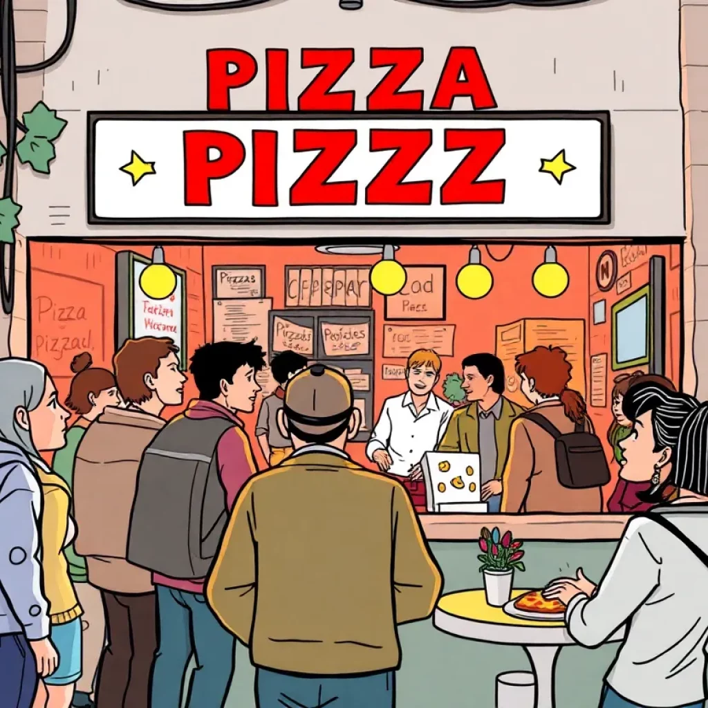 Illustration showcasing a community pizza shop scene focused on diversity and inclusion amidst a tense atmosphere.