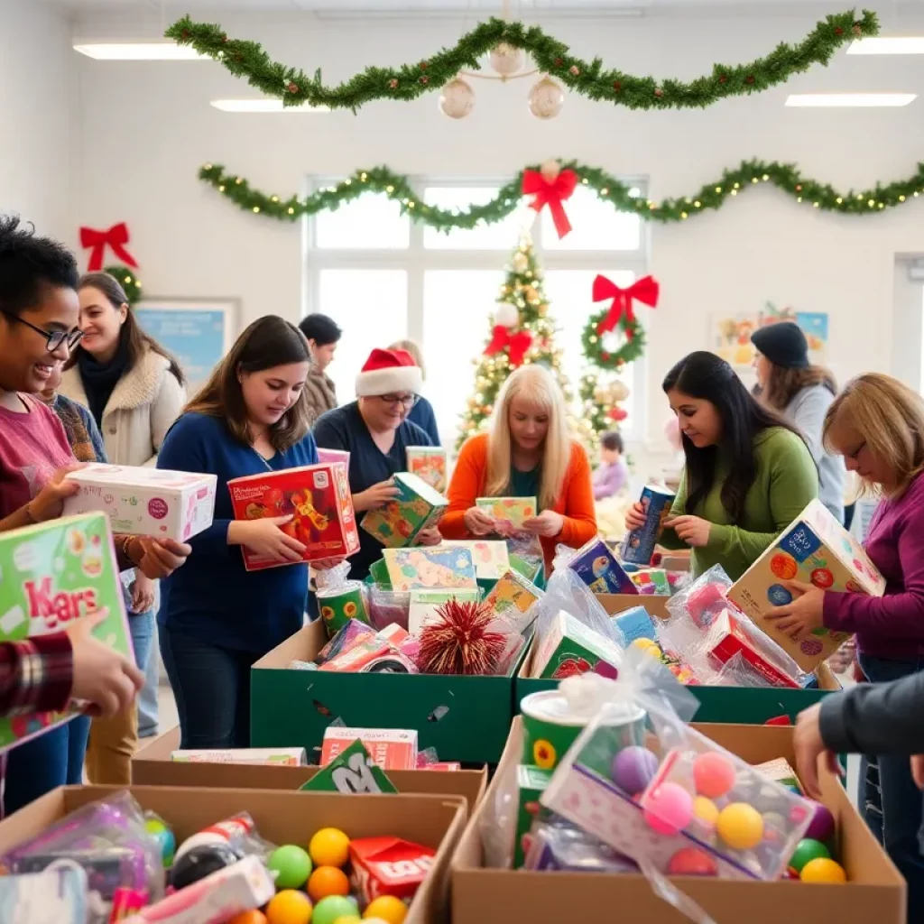 Volunteers sorting toys at Charlotte's holiday charity event