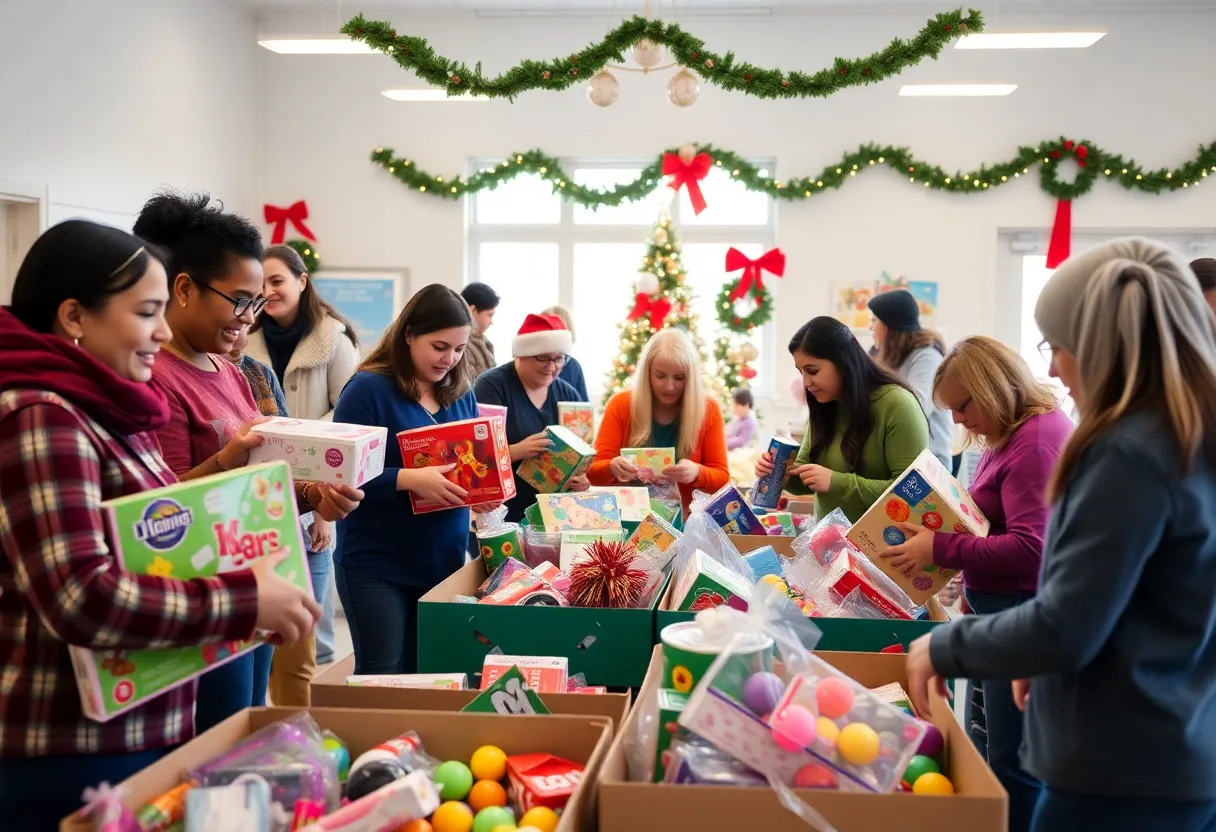 Volunteers sorting toys at Charlotte's holiday charity event